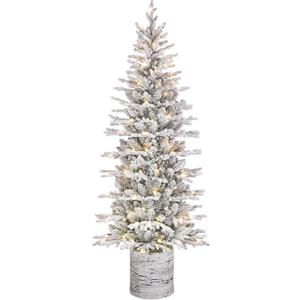 Puleo International 6ft Pre-Lit Potted Flocked Arctic Fir Pencil Christmas Tree with 120 Warm White Lights, 1325 Realistic Dense Snow Flocked Branch Tips, Easy Setup Artificial Trees with Sturdy Stand
