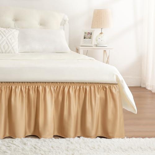 RIMELA Bed Skirt Queen Size Champagne Gold 15 Inch Drop, Wrap Around Elastic Bedskirt, Dust Ruffle for Adjustable Bed Base Soft Durable Fabric Machine Washable Easy to Install Bed Skirts