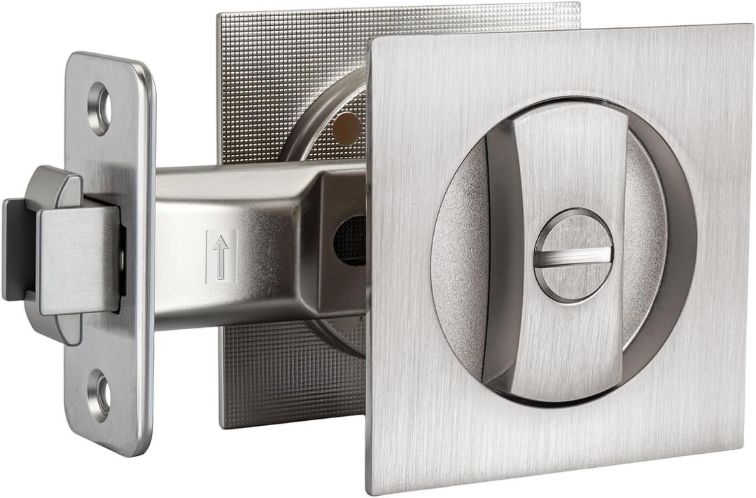 goldenwarm Brushed Nickel Pocket Door Lock, Privacy Square Pocket Door Hardware Not-Adjustable 2-3/8" Latch, Pocket Door Handles for Pocket Doors Sliding Doors 1 Pack