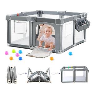 CAPAKIDS Foldable Baby Playpen 59"71" with Mat, Out-of-The-Box Ready Playpen for Babies and Toddlers, Portable Play Yard with Breathable Mesh & Gates, Storage Bag & 4 Handlers for Indoor & Outdoor