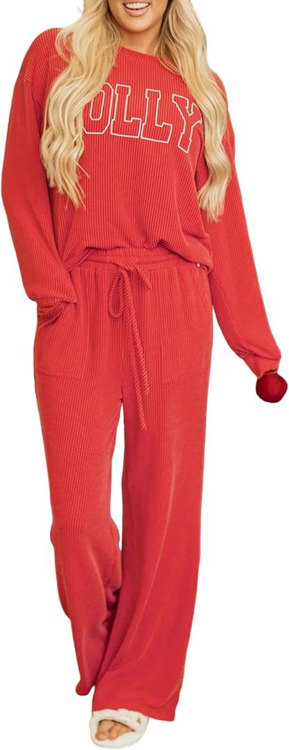 SELINK Christmas Pajamas for Women JOLLY Corded Long Sleeve Top and Pants Matching Lounge Set with Pockets (Small, Red)
