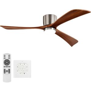 Ceiling Fans with Lights 52 Inch Flush Mount, Wood Blade, LED Dimmable DC Reversible Modern Ceiling Fan with Remote Control for Bedrooms, Living Rooms, Patio, Brushed Nickel