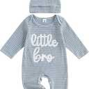 ZAXARRA Newborn Boy Stripe Romper Letter Embroidery Long Sleeve Round Neck Full Length Jumpsuit with Hat (Blue)