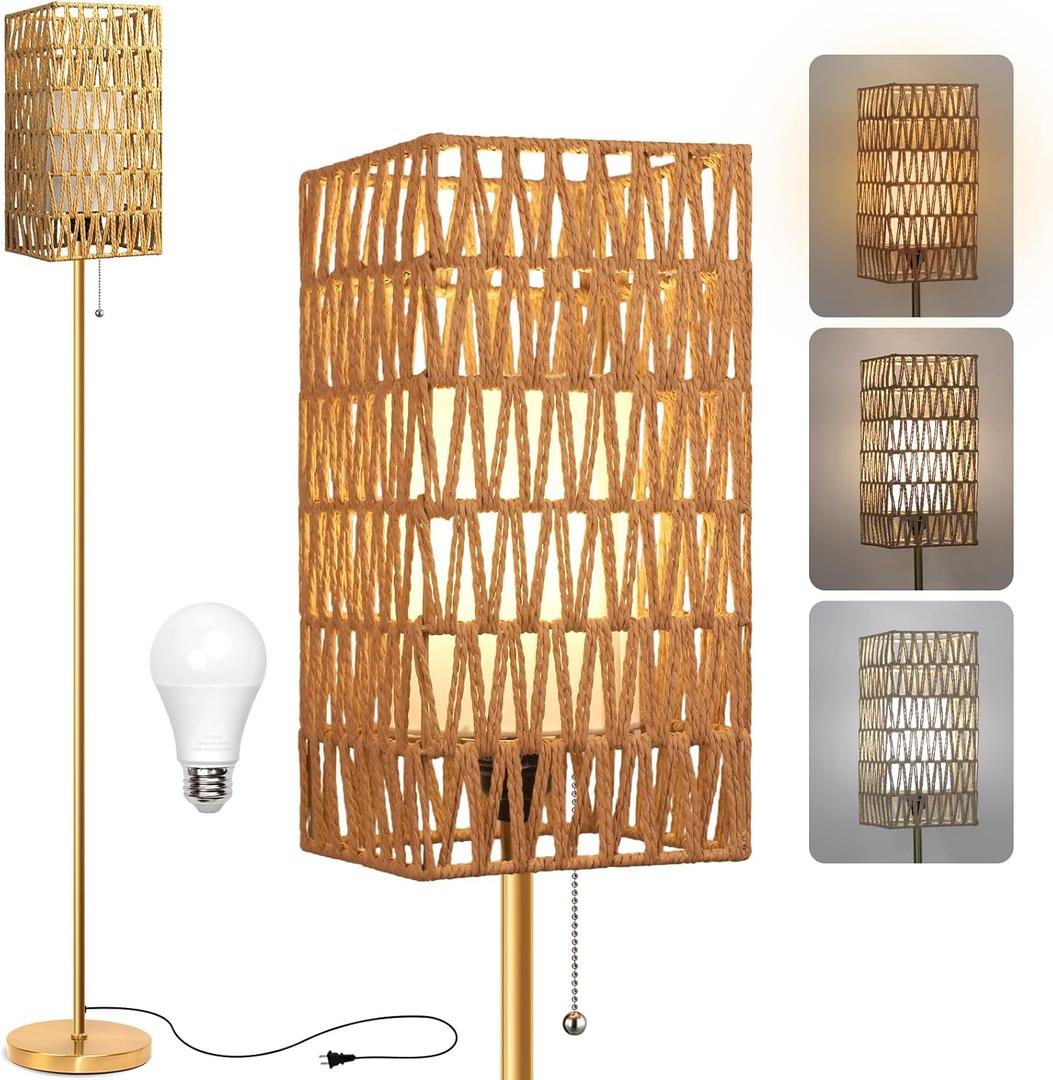 Ruiever Floor Lamp for Living Room,Farmhouse Floor lamp,Modern Standing lamp with Hand-Worked Rattan Shade (Square Rattan Shade Body Gold Color-3 Color Bulb)