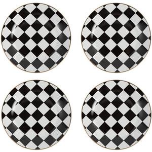 Retro Black and White Checkerboard Gold Edge Ceramic Dinner Plate Dessert Plate Salad Plate-Set of 4