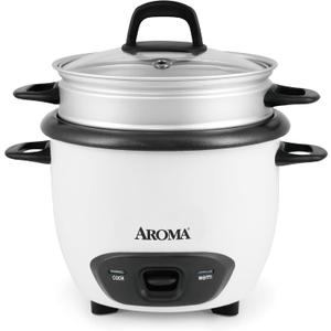 AROMA Rice Cooker, 3-Cup (Uncooked) / 6-Cup (Cooked), Steamer, Small Rice Cooker, Oatmeal Cooker, Soup Maker, Auto Keep Warm, 1.5 Qt, White, ARC-743-1NG