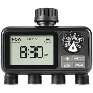 Sprinkler Timer,4 Outlets Programmable Water Timer for Garden Hose,Outdoor Hose Timers with Rain Delay/Manual/Automatic Watering System,Digital Irrigation Timers for Yard,Lawn