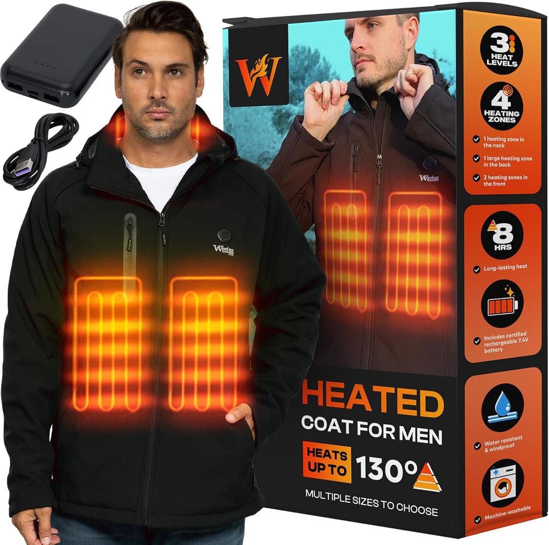Weston Men’s Heated Coat, 4 Heating Zones, 7.4V, 4800 mAH Rechargeable Battery, 3 Adjustable Heat Levels