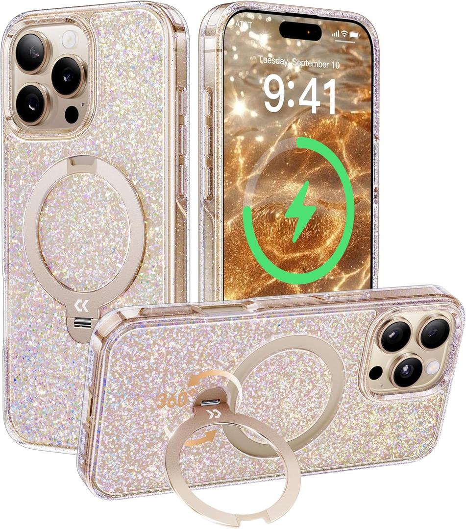 CASEKOO Bold Glitter 360 Spin Built-in Magnetic Stand for iPhone 16 Pro Max Case, Fit for MagSafe, 16FT Drop Protection, Color-Shifting Luxurious Design for iPhone 16 Pro Max Case, Sparkle Disco