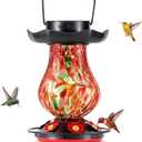 DesGully Solar Hummingbird Feeder for Outdoor - 25 fl.oz Hand Blown Glass Hummingbird Feeders for Outdoors Hanging, Large Capacity with Moat, 6 Colors Changing Light Outside Garden Decor (Red)