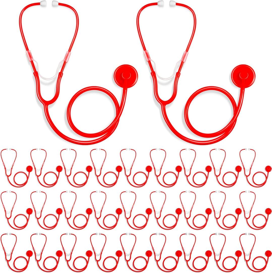 Hanaive 30 Pack Kids Stethoscope Toy Disposable Stethoscope Bulk Real Working Nursing Doctor Pretend Game Nurse Costume Accessories for Kids School Career Day Grad Party(Red)