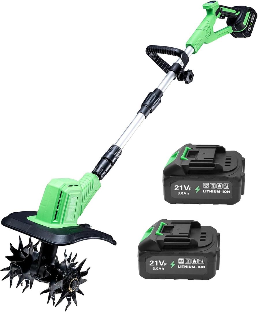 Cordless Tiller Cultivator, 360RPM Battery Powered Garden Cultivator, with 2 * 3.0Ah Batteries & Charger, 9In Tilling Width & 6In Depth Tiller for Gardening