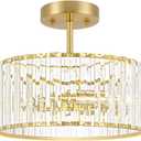 Modern Crystal Ceiling Light, Brushed Gold Semi Flush Mount Ceiling Lighting Fixture, Brass Hallway Light Fixtures Chandelier for Kitchen, Bedroom Dining Room Hallway Closet, 3-Light, 12 Inch