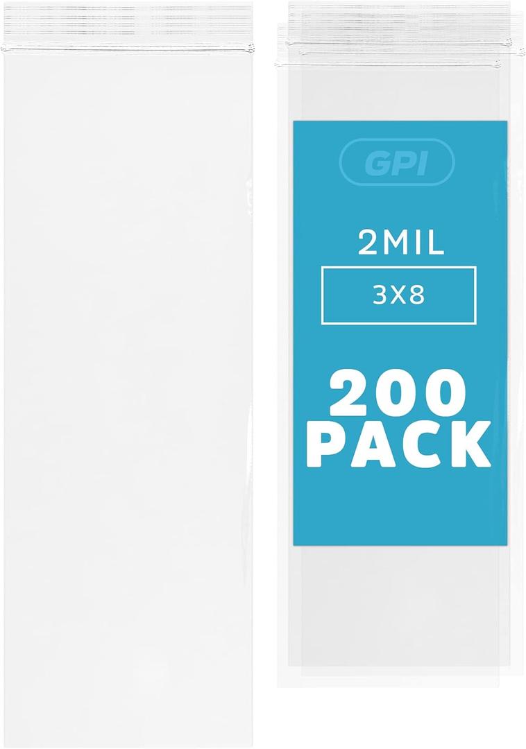 3" x 8" Long Zip Bags, 200 Pack, Clear Plastic Reclosable Zip Baggies, 2 Mil Thick, Resealable Poly Bags for Packaging Insence, Necklaces, Jewelry & Office Supplies. GPI