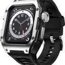 Compatible with Apple Watch Band 44mm Men Rugged Case Stainless Metal Cover with Military Band Shockproof Protective Case for Watch Series 6 5 4 SE2, Black