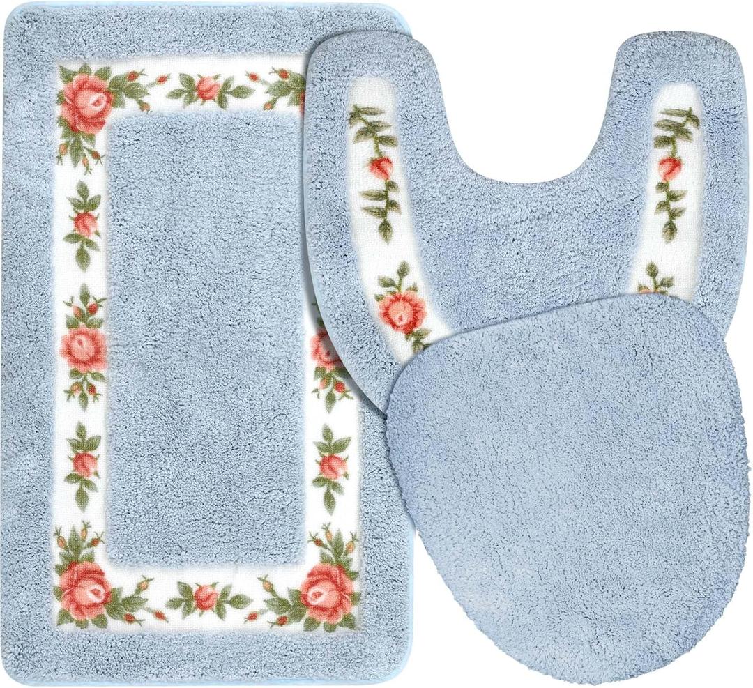 Drydiet 3 Pcs Rose Flowers Bathroom Rugs Set Coquette Room Decor Floral Bath Mat U Shaped Toilet Rug Non Slip Absorbent Floral Bath Carpet (Blue)