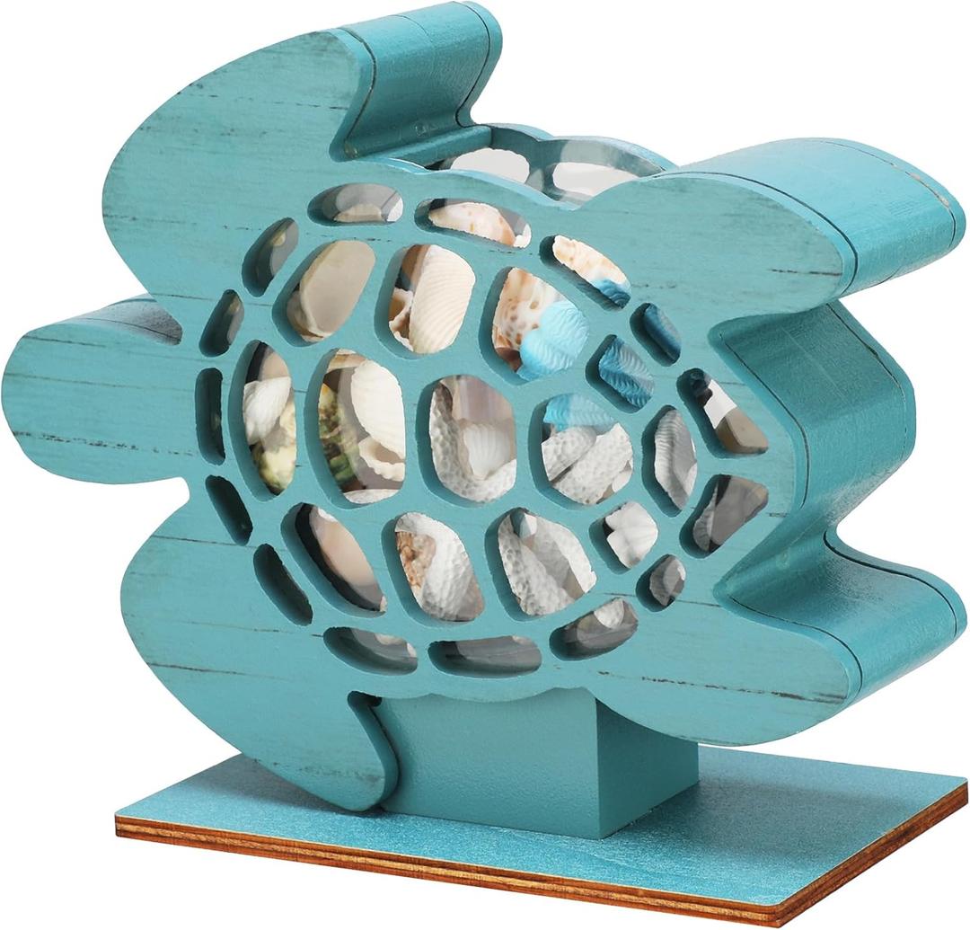 CroBlissful Green Sea Turtle Seashell Holder Seashell Display Box Wooden Small Starfish Shell Display Case with Acrylic Clear Window Shark Tooth Collection Box for Shells Sea Rock Home Decor Present