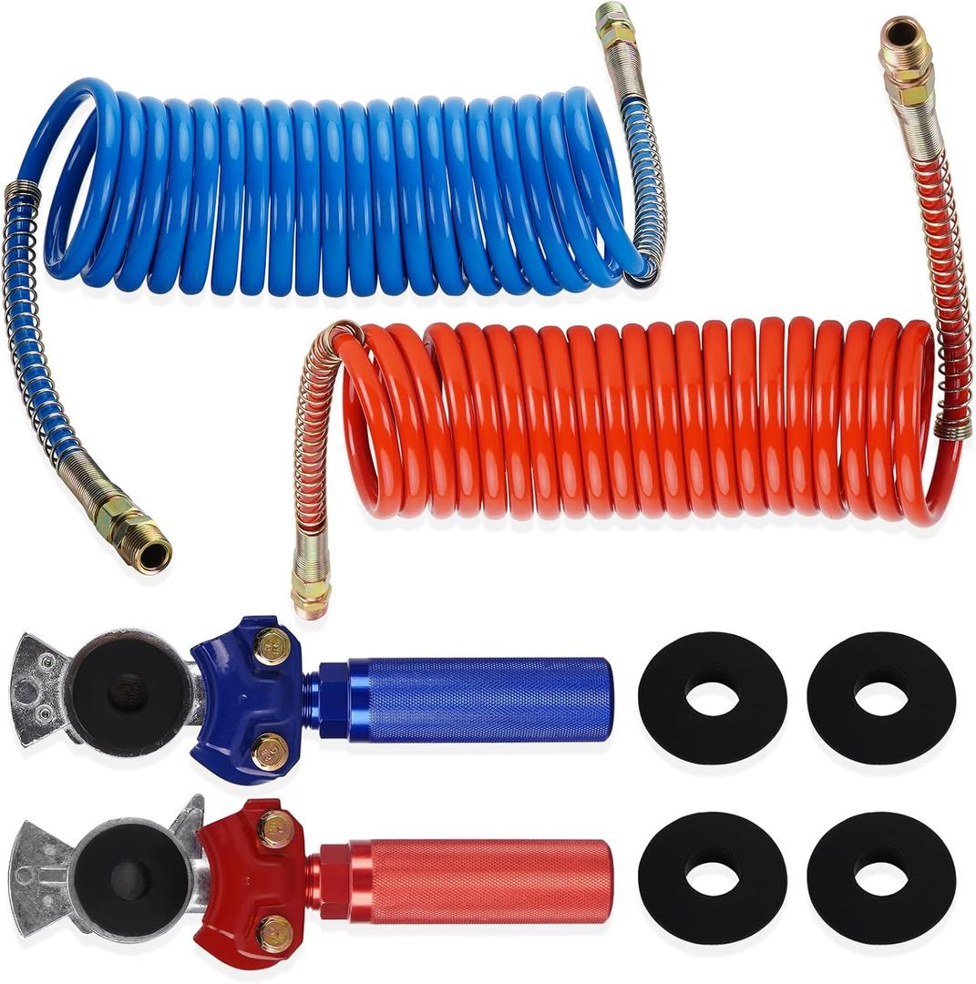 15FT Coiled Air Brake Line Hoses Kit Electrical Power Wire Assembly with 12" Tractor Lead, Gladhand & Handle Grips & Rubber Seals for Semi Truck Trailer