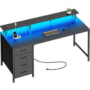 Huuger 55 Inch Computer Desk with Power Outlets and LED Lights, Gaming Desk with 4 Drawers, Office Desk with Monitor Stand, Study Work Home Office, Black