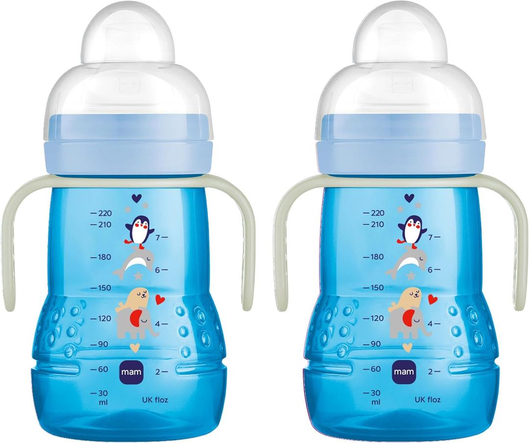 MAM Trainer Sippy Cup for Toddlers 1-3, 8 oz. Transition Drinking Cup with Extra-Soft Spout, Spill-Free Nipple, and Non-Slip Handles, for boys 4+ Months, 2 Count (Blue)