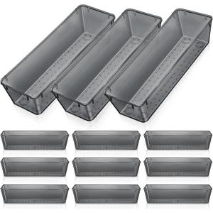 Maitys 12 Pcs Clear Drawer Organizer 9 x 3 x 2 Inches Plastic Rectangle Trays Makeup Vanity Storage Bins and Kitchen Drawers Dividers for Office Desk Silverware Kitchen Utensils(Black)