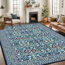 8x10 Area Rugs for Living Room, Washable Rug Floral Vintage Rugs for Bedroom Non Slip Low Pile Large Blue Boho Carpet Indoor Kitchen Dining Room Office Playroom Floor Mat