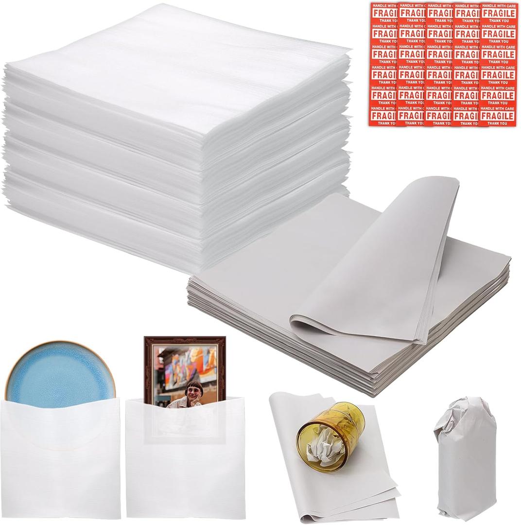 130 Pcs Moving Supplies Set, 50 Pcs 12'' x 12'' Foam Pouches & 50 Sheets 12'' x 12'' Packing Paper & 30 Pcs Fragile Stickers, Packing Foam Pouches and Newsprint Paper for Protecting Dishes Cup China
