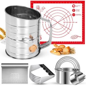 9PCS Stainless Steel Pastry Blender Set, 3 Cup Flour Sifter, Biscuit Cutter, Pastry Cutter, Dough Cutter, Silicone Baking Mats, for Cooking Cookies and Donuts, Cakes, Biscuits or Making Pancakes