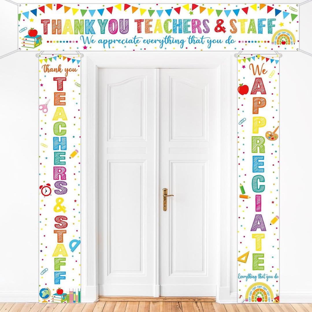 3Pcs Teacher Appreciate Banner Decor Thank You Teachers and Staff Porch Sign Banner We Appreciate You Hanging Banners Backdrop for Teacher Staff Coworker Employee School Office Party Supplies（White）
