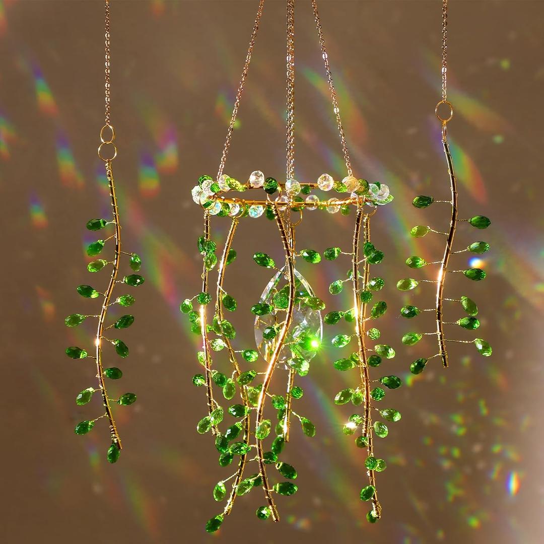 3 Pcs Crystal Suncatchers for Window Boho Decor Plant Sun Catchers Green Plants Artificial Hanging Wind Chime Sun Catchers with Chain Making Rainbow Indoor Outdoor Decor Plant Lover Gift
