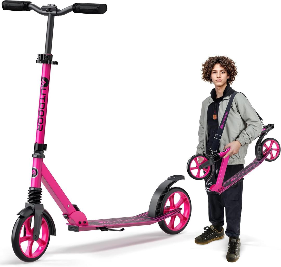Outdoor Cruiser Kick Scooter for Ages 6+, for Kids, Teens, and Adults, Max Load 250 LBS, Foldable, 8-inch Wheels for Kids and Adults, Dual Suspension, 3 Adjustable Levels, Child Safety Approved, Pink