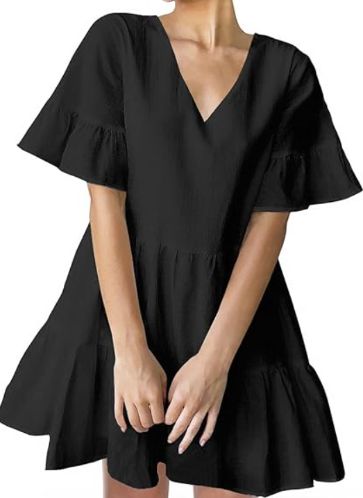 FANCYINN Women’s V Neck Cute Shift Dress with Pockets Bell Sleeve Ruffle Hem Loose Swing Summer Tunic Mini Dress, Size S