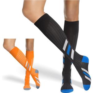 Neon X Compression Socks for Women & Men 20-30mmHg (2 pairs) Best Support for Running Athletic Cycling Nursing Pregnancy Travel Work and Fitness (Black/Orange)