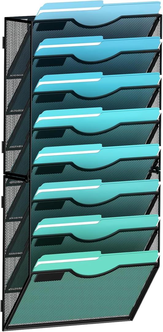8-Tier Wall File Organizer Hanging Wall File Holder Wall Mount Paper Folder Organize, Mesh Magazine Document Mail Organizer Wall Organizer for Office School Home, Black