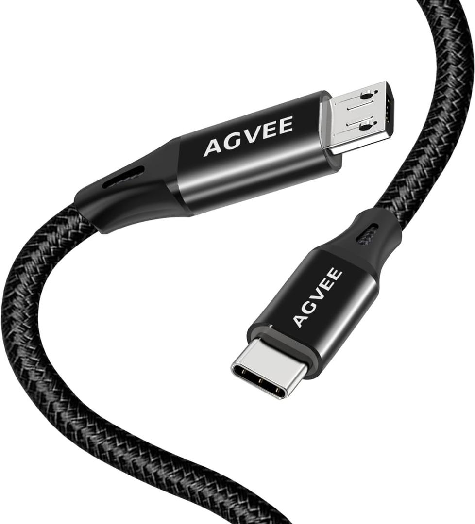 AGVEE 2 Pack 10ft USBC to Micro USB Cable, Gold Plated End Tips, Braided Charger Data Sync Cord Charging Adapter for Micro USB Devices, PS4, Kindle, Android Phone, Black