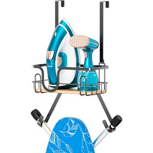 XILIMEN Over The Door & Wall Mount Ironing Board Hanger, Ironing Board Holder with Storage Basket, Iron Holder for Hotel Rooms, Home Laundry Rooms, Utility Rooms, Closets (Black)