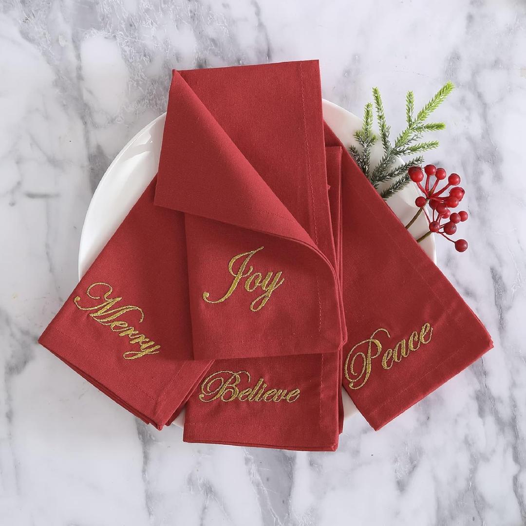 Elrene Home Fashions Holiday Sentiments Seasonal Sayings Cloth Dinner Napkins, Set of 4, 17 Inches by 17 Inches, Red