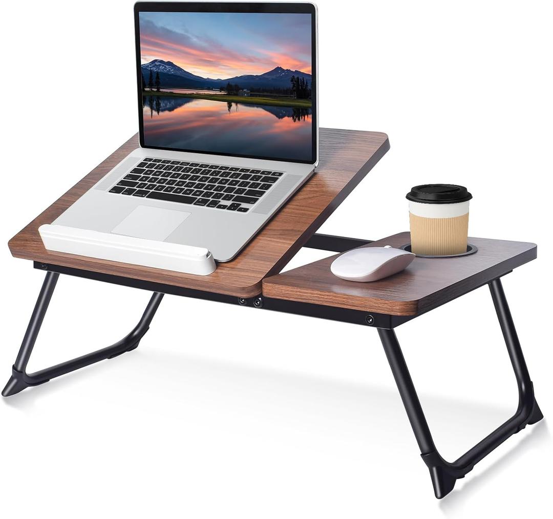 Adjustable Wooden Lap Desks for Bed, Desk with Built-in Cup Holder (Brown)