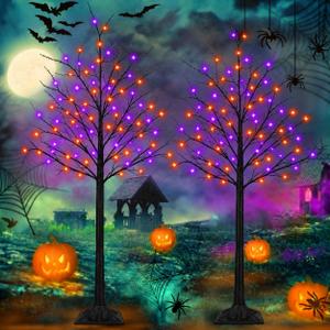 2 Pack 6FT Lighted Black Halloween Tree with 288 LED Orange & Purple Lights