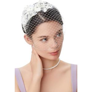 BABEYOND Bridal Wedding Veil Fascinator Mesh Lace Headband Tea Party Flower Fascinator Funeral Hats for Women (One Size, White)