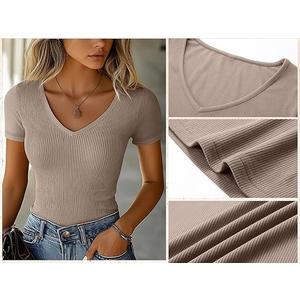Ficerd 2 Pack Women's Short Sleeve Cotton T-Shirts V Neck Ribbed Slim Fit Tops Ladies' Casual Summer Basic Tee Brown/White XL