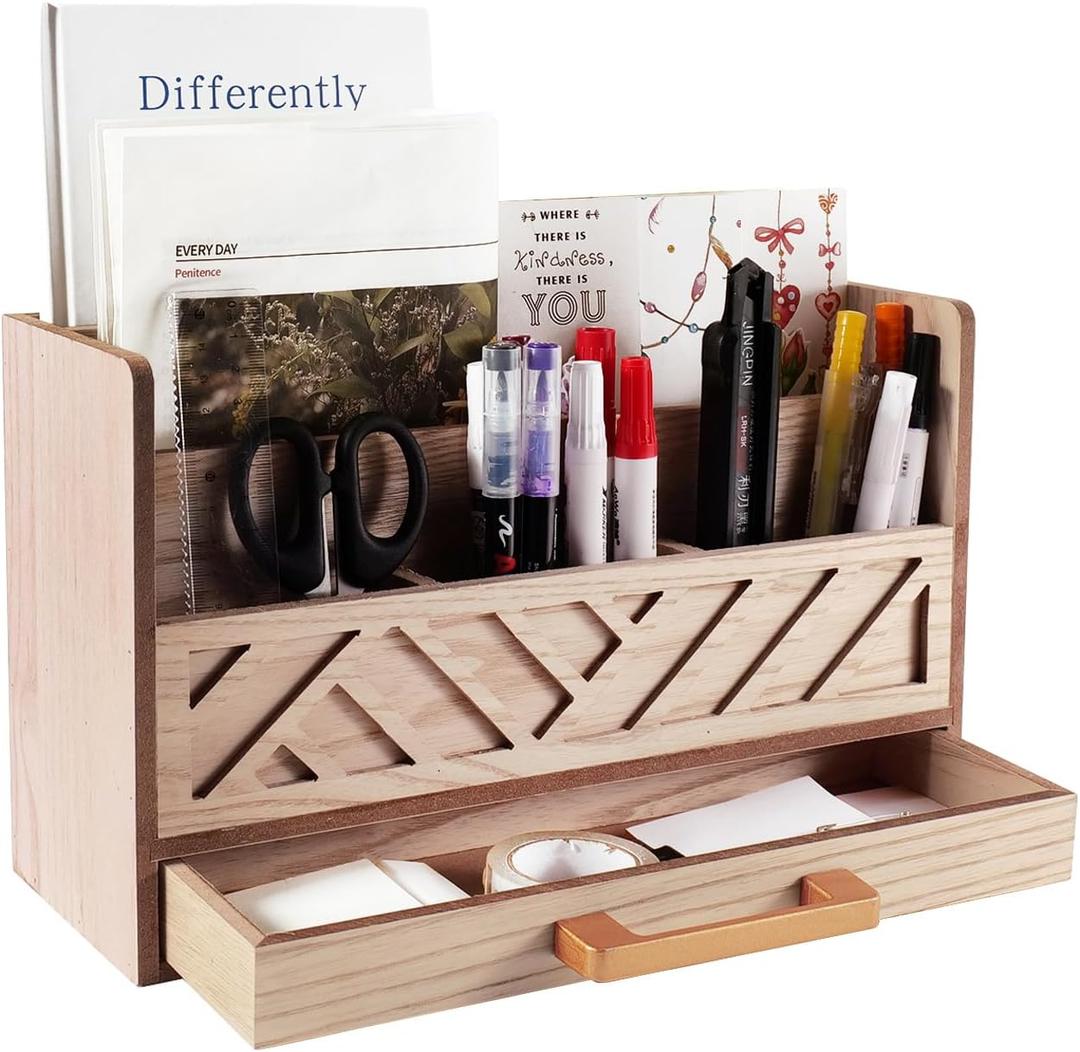 Wood Mail Organizer Countertop with Drawers, Desk Organizer for Office Supplies, Paper, Letter, Envelope, Bill