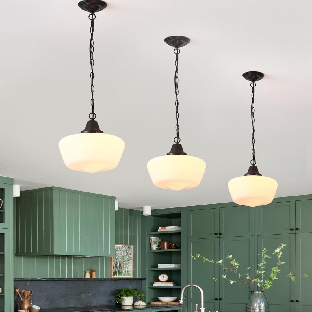 Schoolhouse Pendant Fixture, 12 Inch Black Finish with Milk Glass Adjustable Mid Century Ceiling Pendant Lighting, Pendant Light Fixtures for Kitchen Hallway Entrywa Dining Room (Type A Pendant Light)