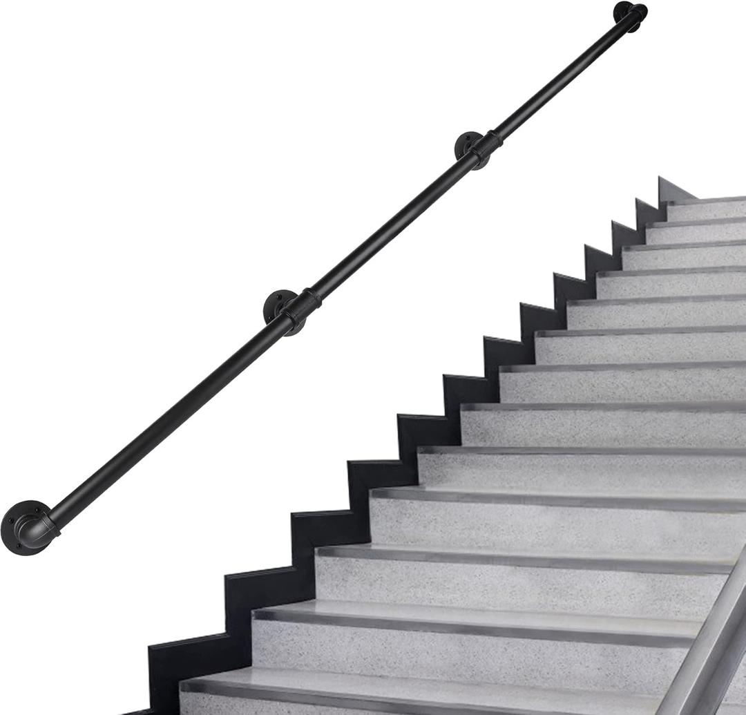 Rectoo Pipe Stair Handrail, 9 Ft Metal Staircase Handrail, Black Galvanized Industrial Iron Hand Rail for Indoor & Outdoor Wall Mount Support, Wall Hand Railing,Safety Handle, Steps Baluster(HR09)
