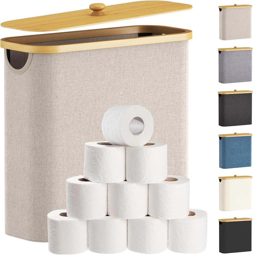 Lifewit 30L Toilet Paper Storage Holder for 12 to 16 Rolls, Free Standing Toilet Paper Basket Stand with Bamboo Lid, Collapsible Fabric Bathroom Organizer Box for Mega Rolls, Large, Beige