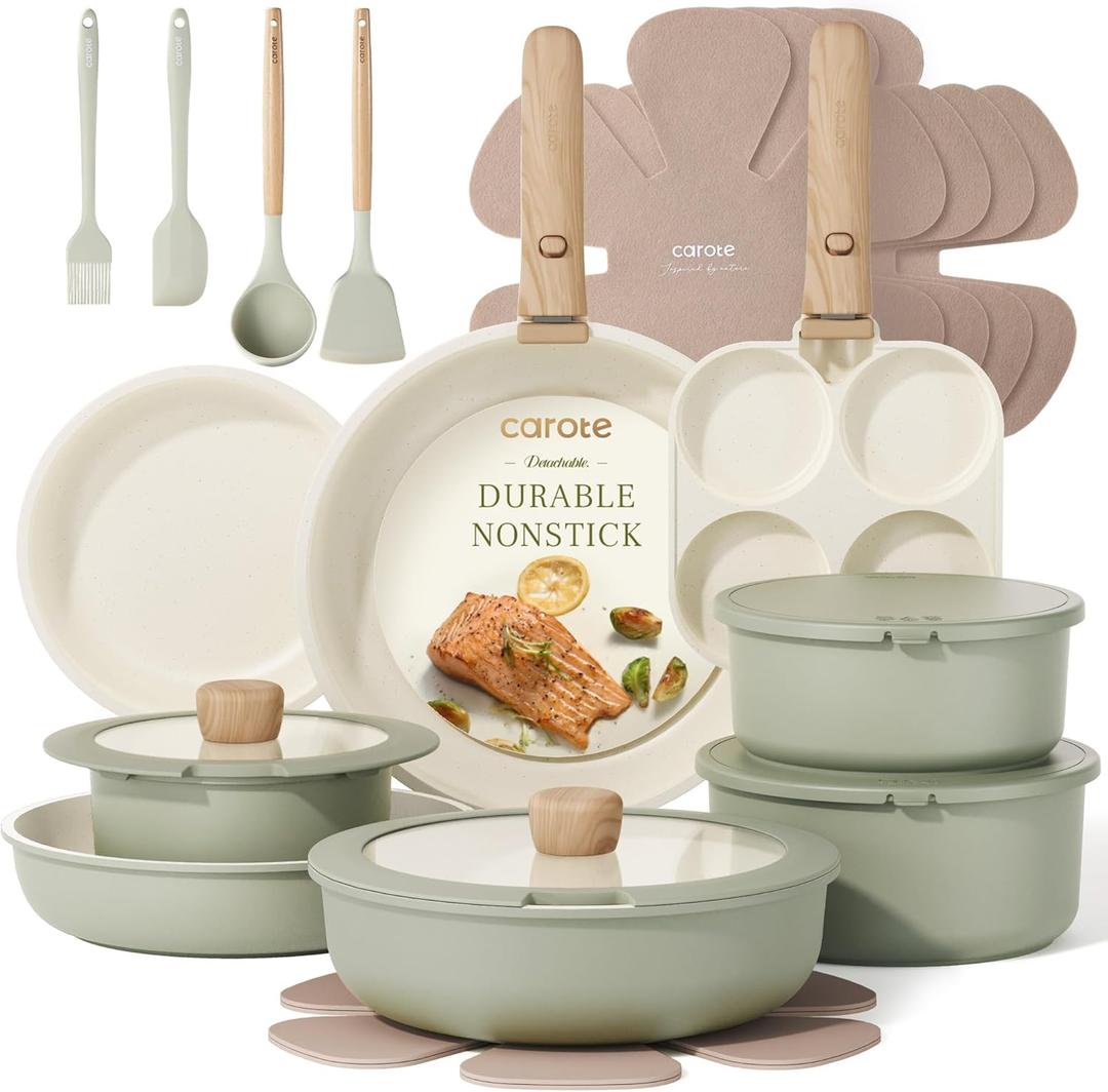 CAROTE 25pcs Pots and Pans Set Non Stick, Cookware Sets, Kitchen Set, Oven/Dishwasher/Fridge Safe, Space Saving Pots Set, Nonstick Set with Versatile Detachable Handle, Induction RV Set, Green CAROTE 25pcs Pots and Pans Set Non Stick, Cookware Sets, Kitchen Set, Oven/Dishwasher/Fridge Safe, Space Saving Pots Set, Nonstick Set with Versatile Detachable Handle, Induction RV Set, Green
