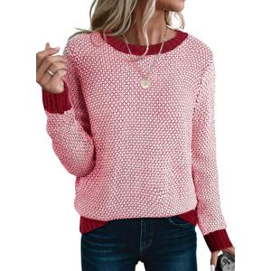 Sidefeel Women's Long Sleeve Pullover Sweaters Casual Crewneck Chunky Knit Color Block Jumper Tops (Large, Red Dahlia)