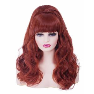 20 Inches Retro Beehive Copper Red Wigs for Women Long Wavy Auburn Wig with Neat Bangs Synthetic Natural Wig for 60s 70s 80s Cosplay,Halloween,Daily Use