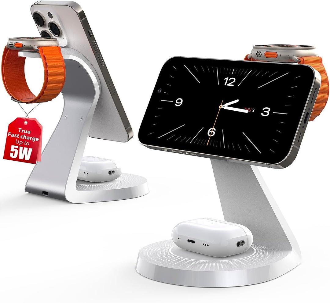 3 in 1 Charging Station for Apple Devices,Mag-Safe Charger Stand Fast Charging,Wireless Charger for iPhone 16/15/14/13/12 Series,& AirPods,& iWatch(USB-C Charger Included) (White)