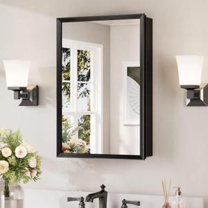 Keonjinn Medicine Cabinet Mirror 16" x 24", Assembly Required, Black Medicine Cabinet with Mirror for Bathroom, Beveled Framed, Wall-Mounted or Recessed, Stepless Adjustable Shelves